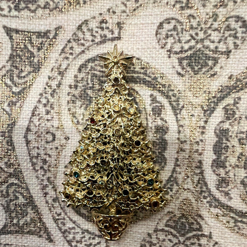 Gold Tone Metal Christmas Tree Brooch Pin, Multicolor Round Rhinestones